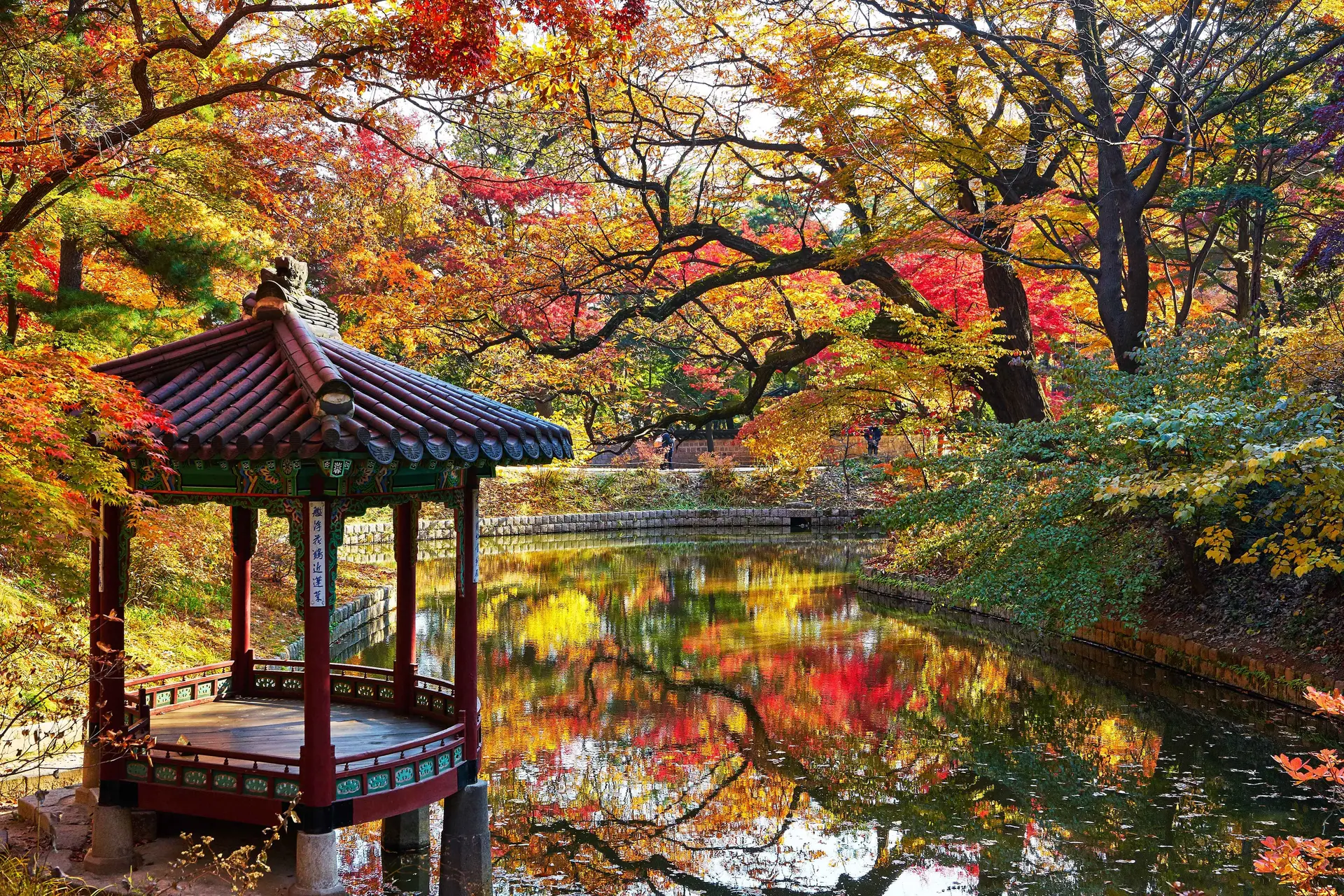 Autumn scenery of Gwanramjeong Pavilion and Gwanramji Pond in the Secret Garden (Huwon) of Changdeokgung Palace, Seoul. Traditional Korean fan-shaped pavilion surrounded by vibrant red autumn foliage reflecting on the water.