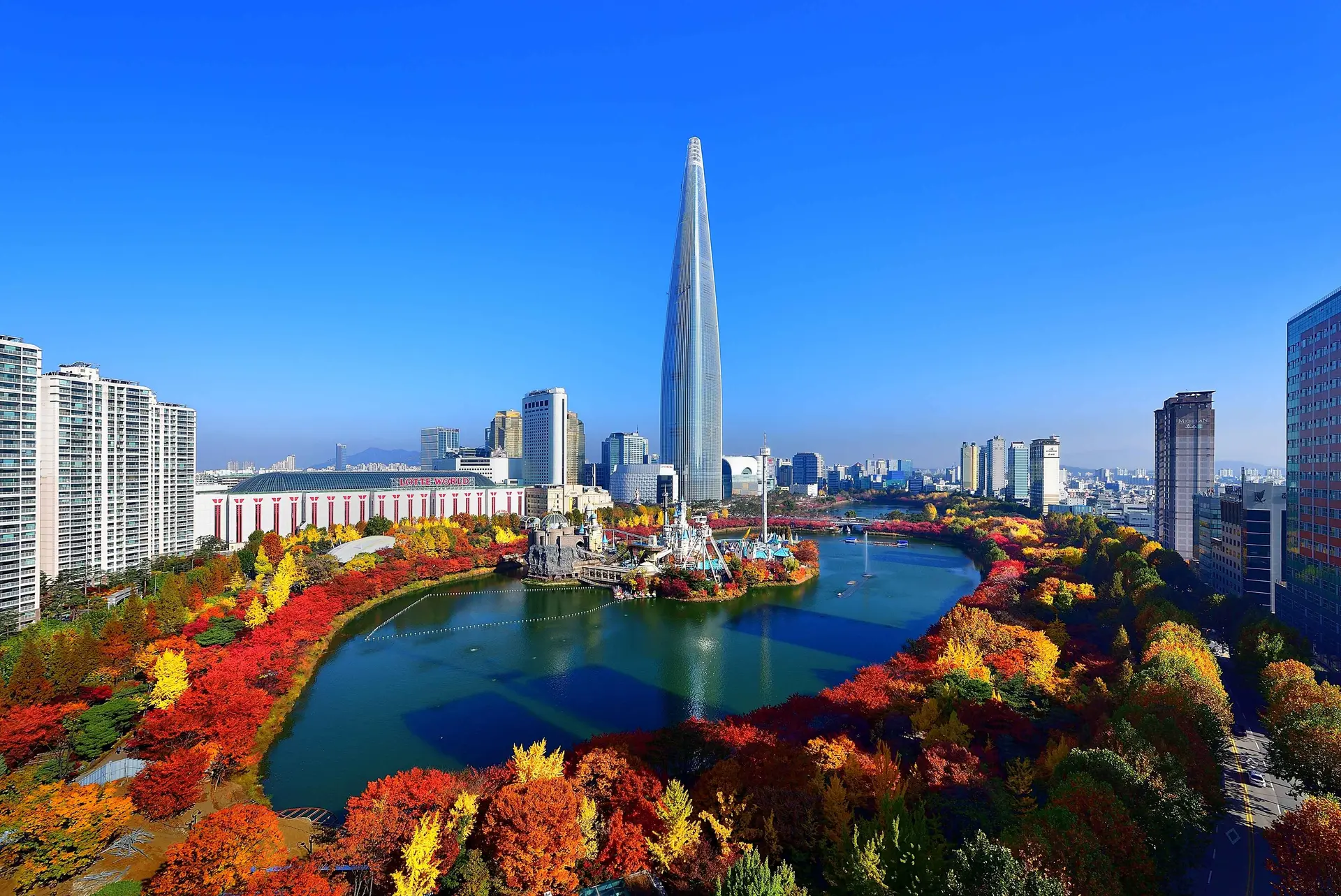 Aerial view of Seokchon Lake autumn foliage in Seoul, featuring vibrant red and orange leaves surrounding Lotte World Magic Island and the towering Lotte World Tower under a clear blue sky.