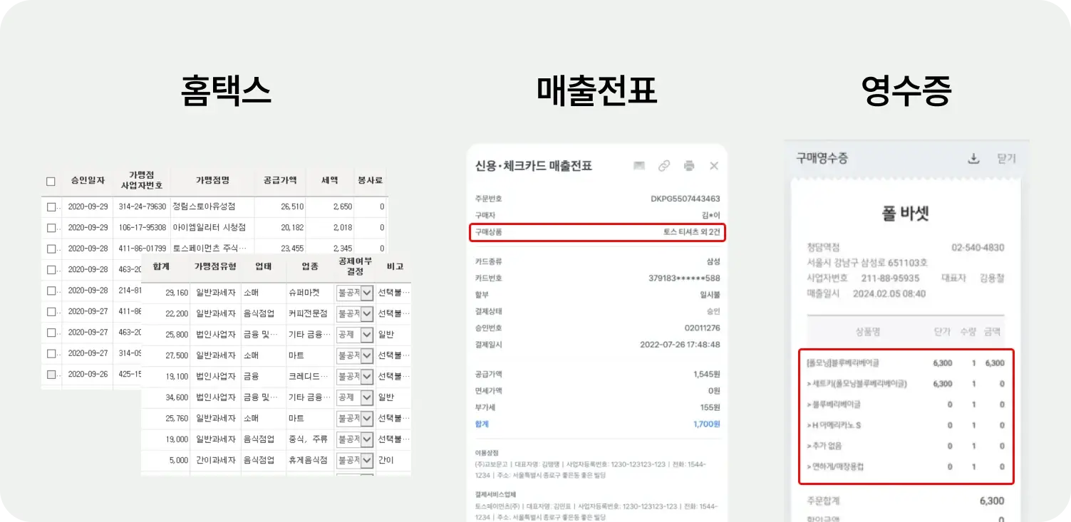 홈택스 자료·카드사 매출전표·온라인몰 영수증 비교