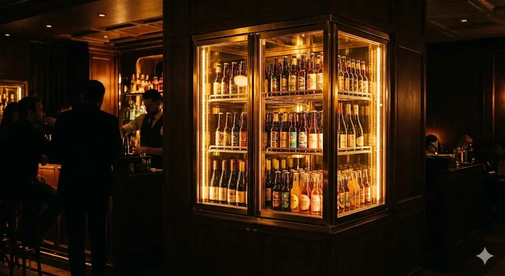 어두운 바 안에서 은은하게 빛나는 고급 음료 쇼케이스