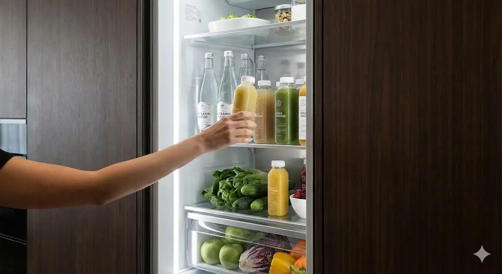 투명도가 매우 높은 유리를 통해 음료를 꺼내려는 사람의 손