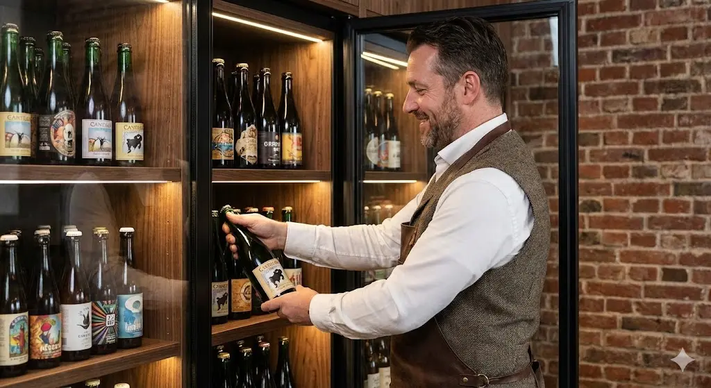 맞춤형 냉장고 안에 수제 맥주를 정리하는 전문가의 모습