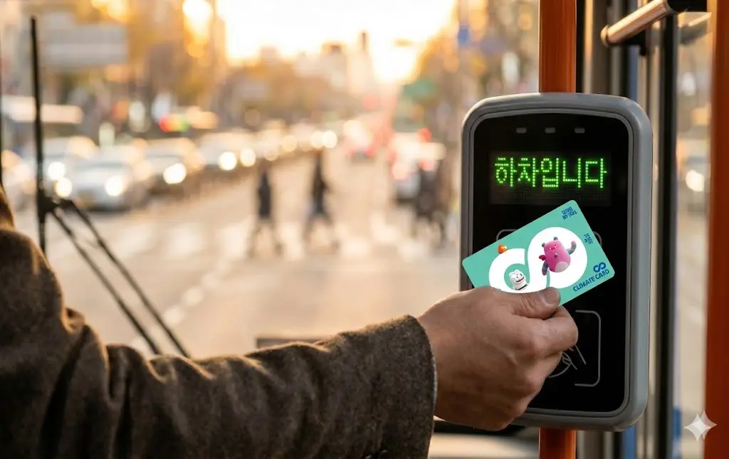 Hand tagging a blue Climate Card on a green bus terminal.