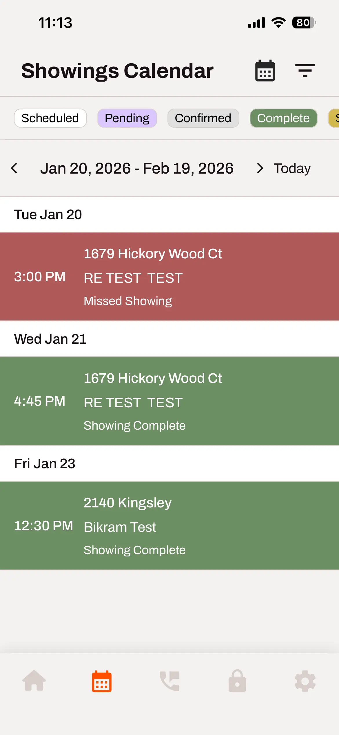 The new agenda view in the mobile app's showing calendar, displaying multiple showings in list format.