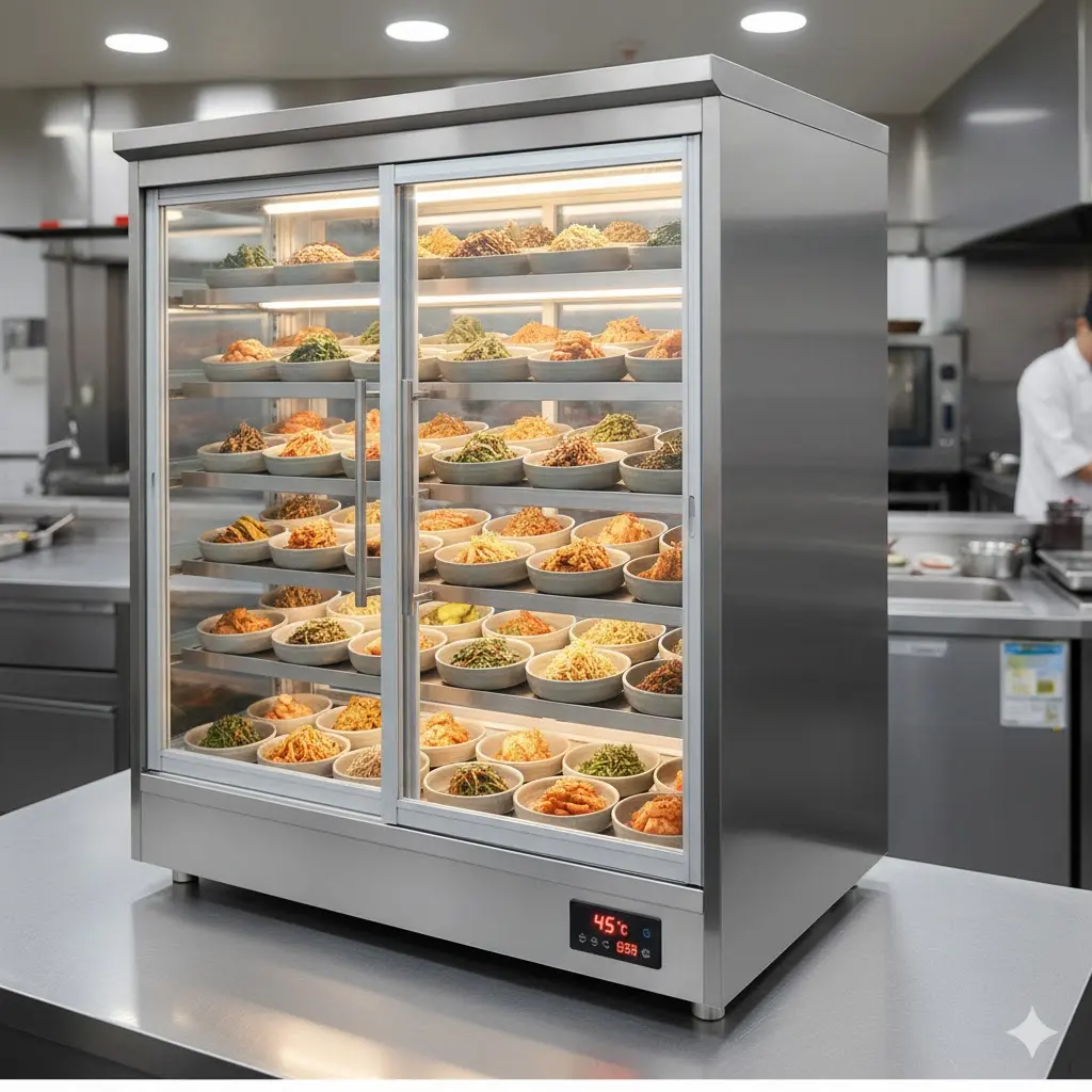 스테인리스 소재와 하이엔드 단열 기술이 적용된 업소용 반찬온장고 측면 외관