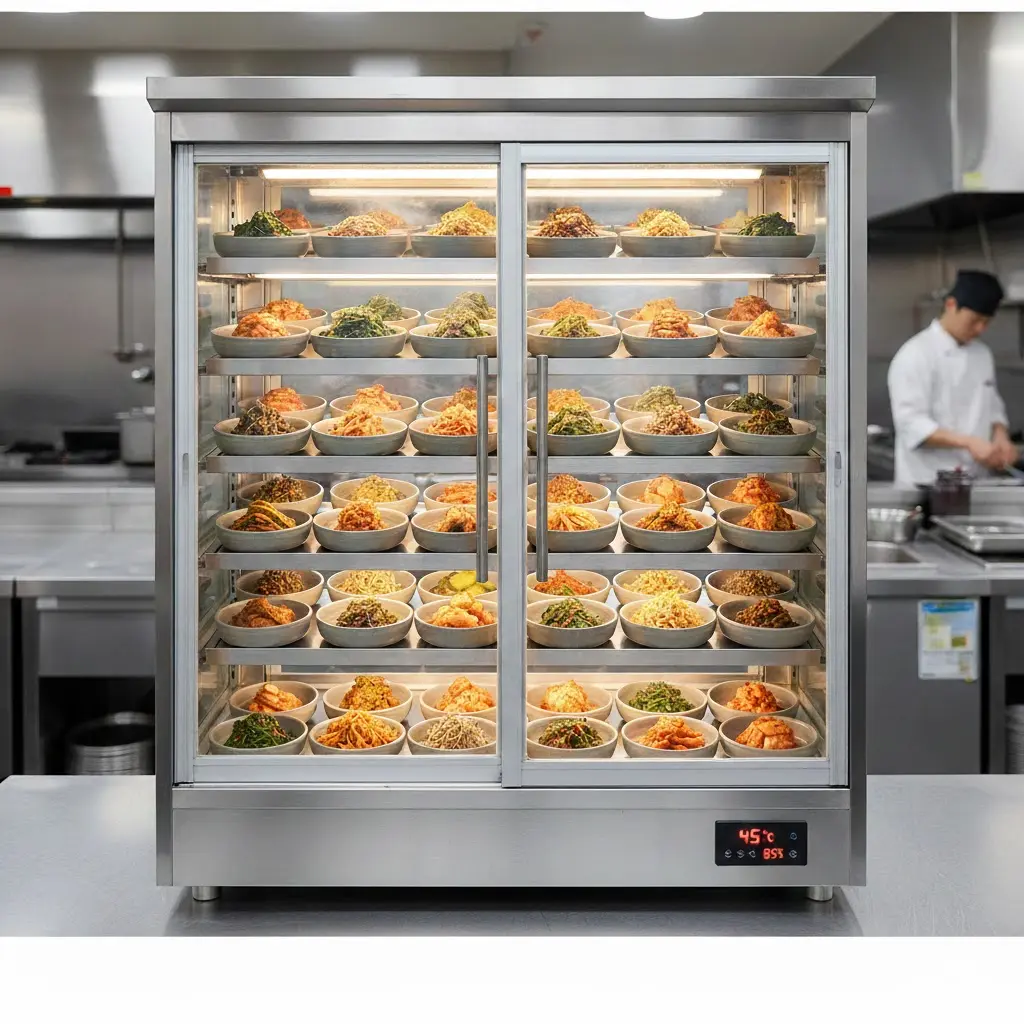 한성쇼케이스 프리미엄 반찬온장고 내부의 신선하고 정갈한 반찬 진열 모습
