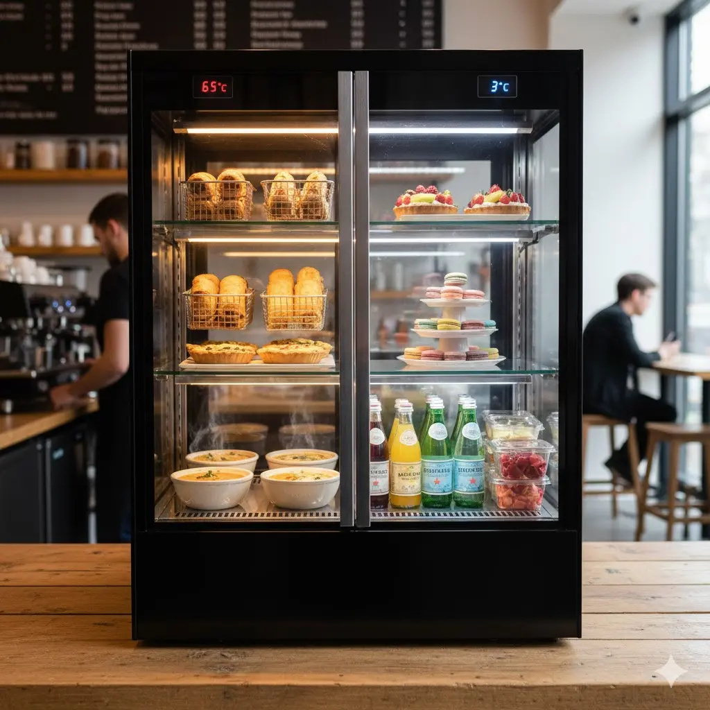 베이커리 카페 매장에 설치된 한성쇼케이스 프리미엄 보온쇼케이스