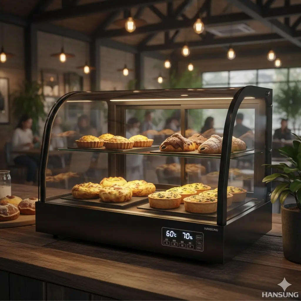 따뜻한 디저트의 바삭함을 유지해주는 프리미엄 소형 온장고의 세련된 블랙 프레임 외관