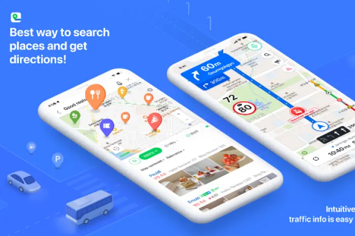 Mobile UI of Naver Maps showing English language navigation, real-time traffic updates, and point-of-interest markers for restaurants and cafes in a South Korean city.