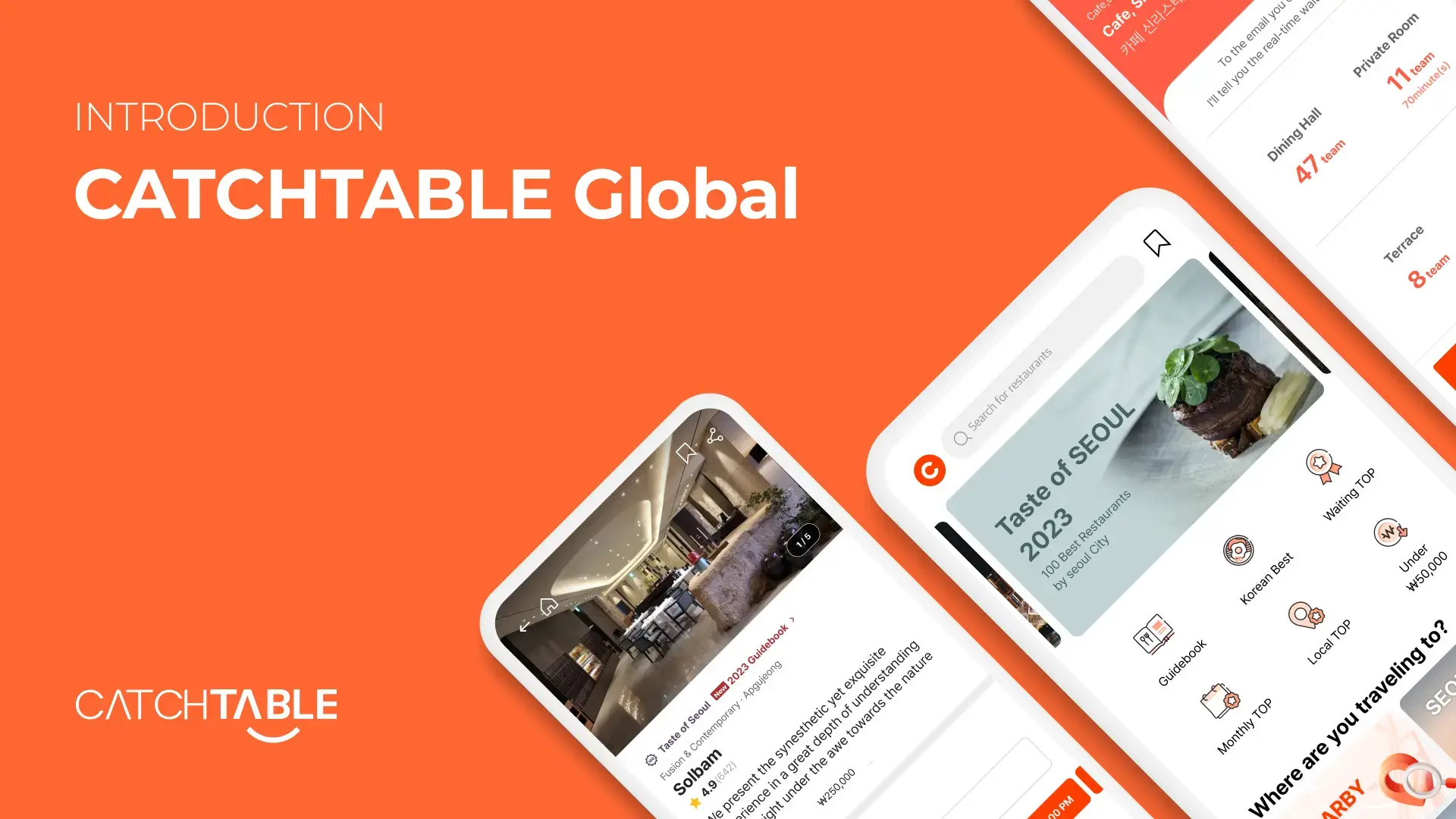 CatchTable Global app homepage featuring restaurant reservations, "Taste of Seoul 2023" guide, and top-rated Korean dining recommendations for international tourists.