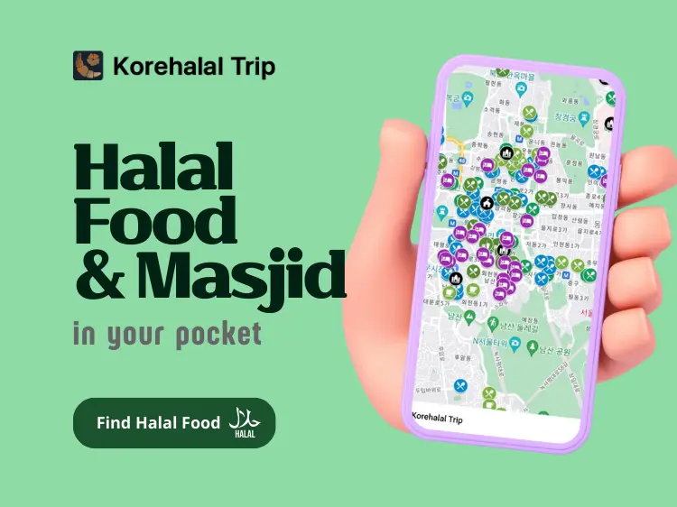 Korehalal Trip app promotional image titled "Halal Food & Masjid in your pocket," showing a smartphone map densely marked with Halal-certified restaurants and prayer rooms in Seoul.