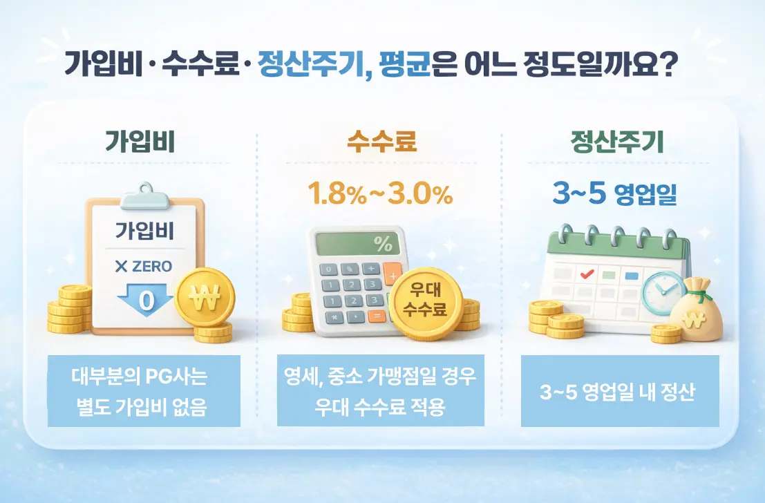 PG사 가입비·수수료·정산주기 평균을 비교한 인포그래픽