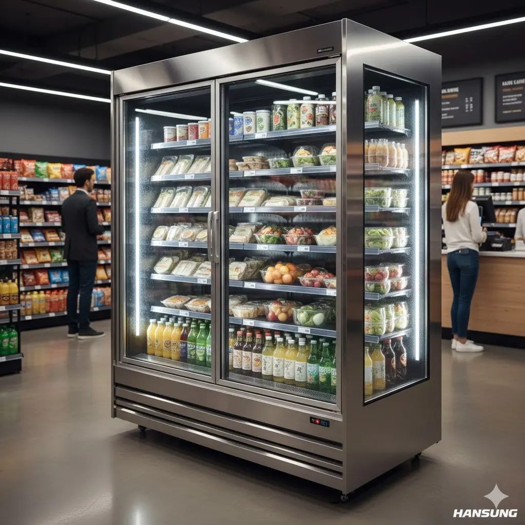 결로 없는 유리 슬라이드 냉장고 쇼케이스로 상품 가시성 높인 진열