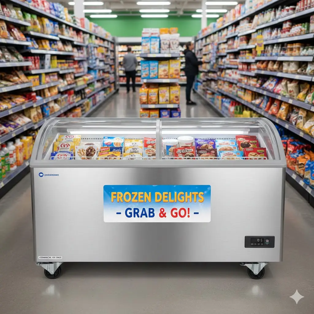 슬라이드 냉동고 전기요금 절감을 설명하는 매장 냉동 쇼케이스