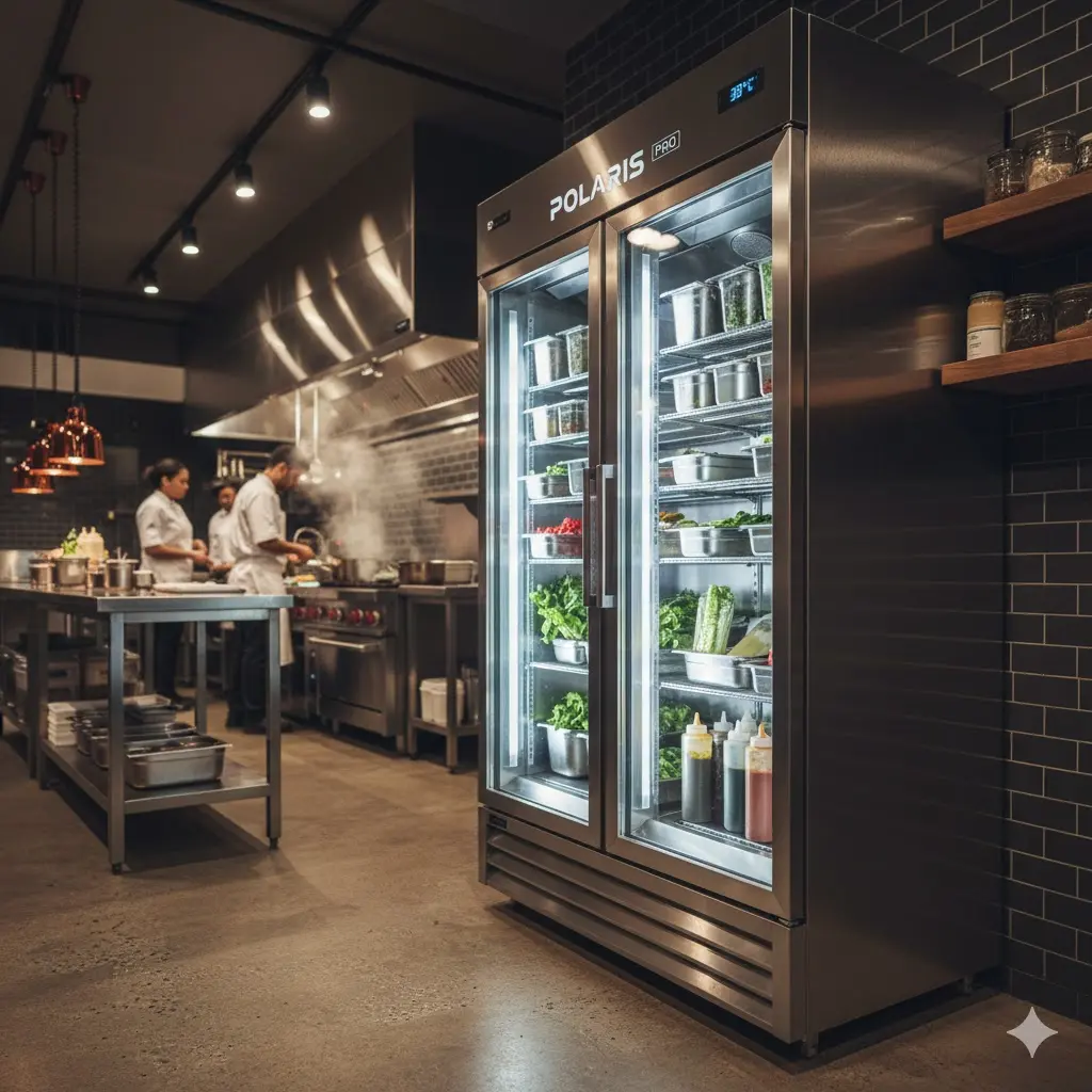 다양한 채소와 소스통이 체계적으로 정리되어 있는 2도어 업소용 냉장고 내부 전경