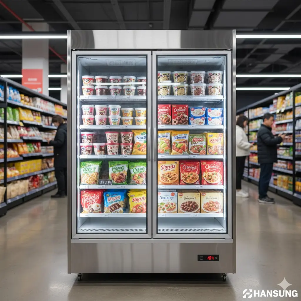 대형 마트 식료품 코너에 설치된 투명 유리 슬라이딩 도어형 업소용 급속 냉동고