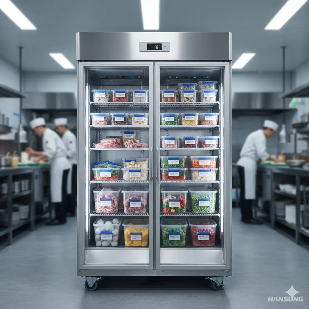 "식재료의 수분 손실을 최소화하고 급속 냉동을 지원하는 일체형 브랜드 스탠드 냉동고"