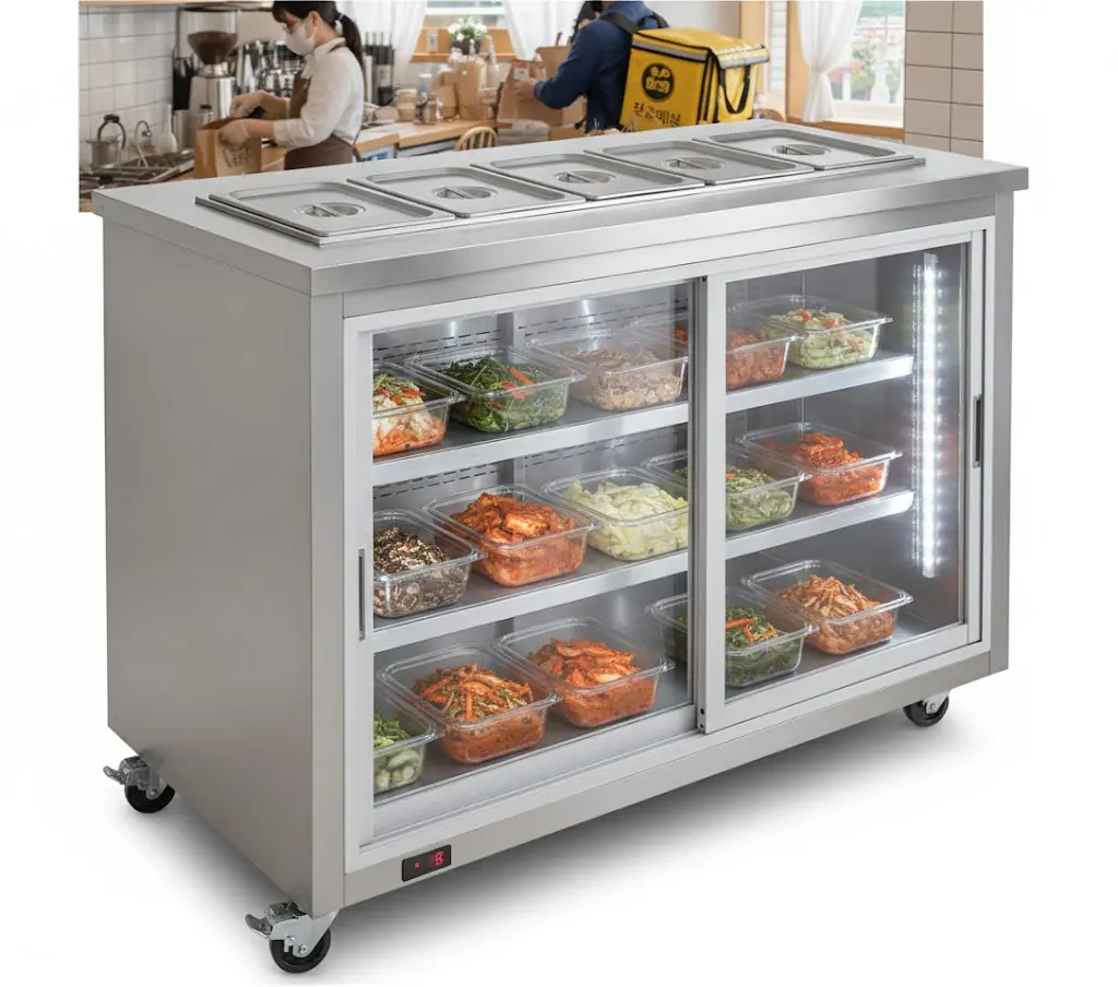 배달 중심 매장 구조: 포장대 옆 미니반찬냉장고 배치