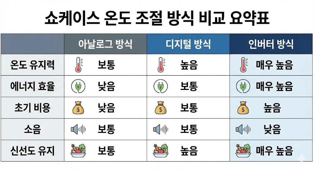쇼케이스 온도 조절 방식별 장단점 및 특징 비교표