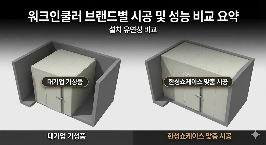대기업 기성품과 한성쇼케이스 맞춤 시공 워크인쿨러의 기능 및 성능 비교.