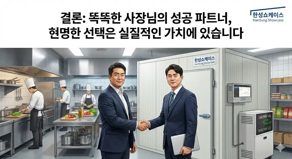한성쇼케이스 맞춤 워크인쿨러 앞에서 성공적인 파트너십을 맺는 모습.