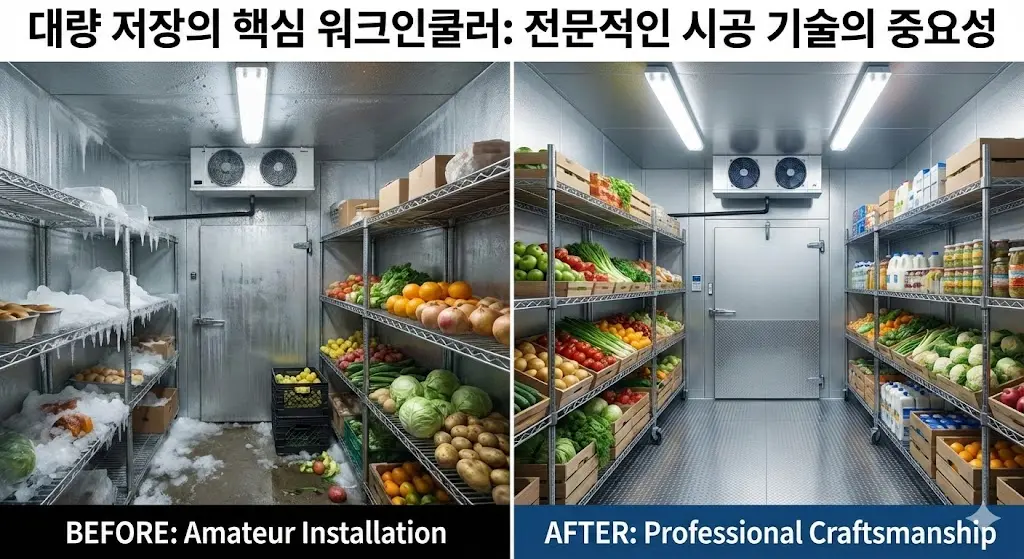 워크인쿨러 내부 성에 발생 원인과 전문 시공 후 해결 모습