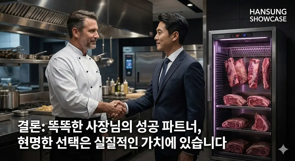 한성쇼케이스 드라이에이징냉장고 앞에서 성공적인 파트너십을 맺는 셰프와 한성쇼케이스 담당자