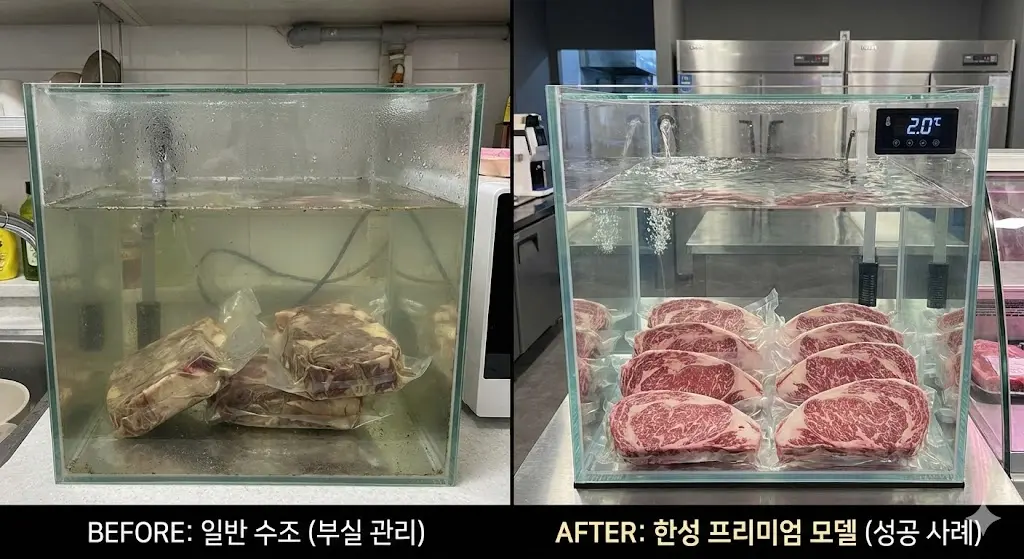 워터에이징 수조 비교: 혼탁한 일반 수조 대비 투명하고 위생적인 한성 모델
