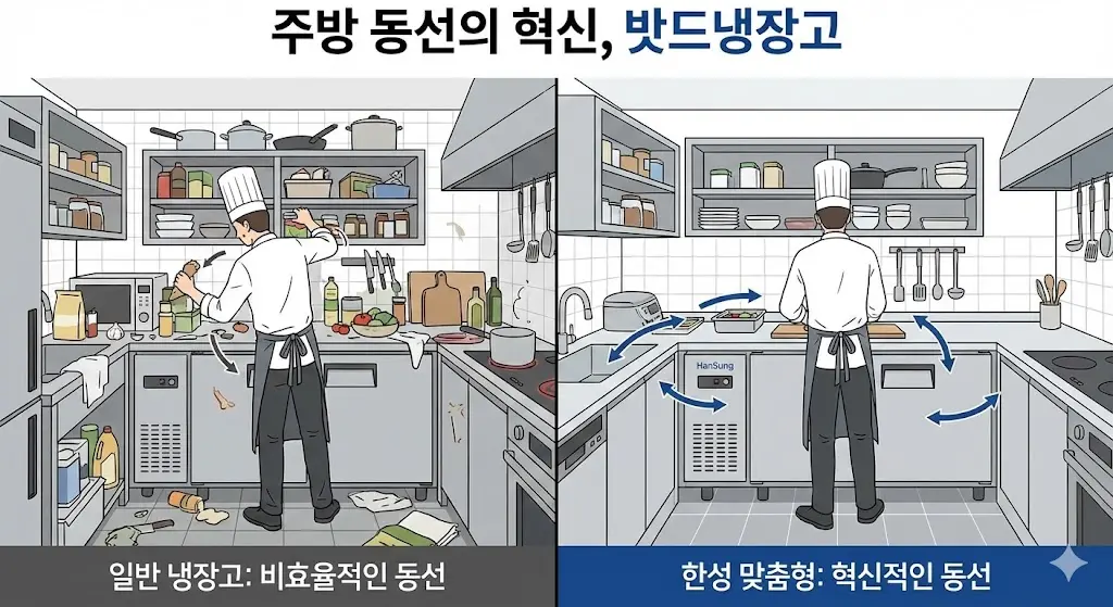 일반 냉장고 사용 시의 비효율적인 주방 동선과 한성 맞춤형 냉장고 사용 시의 혁신적인 동선 비교 일러스트