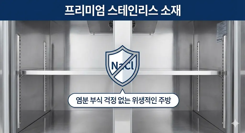 염분 부식 걱정 없는 프리미엄 스테인리스 소재로 제작된 한성 맞춤형 밧드냉장고 내부 이미지