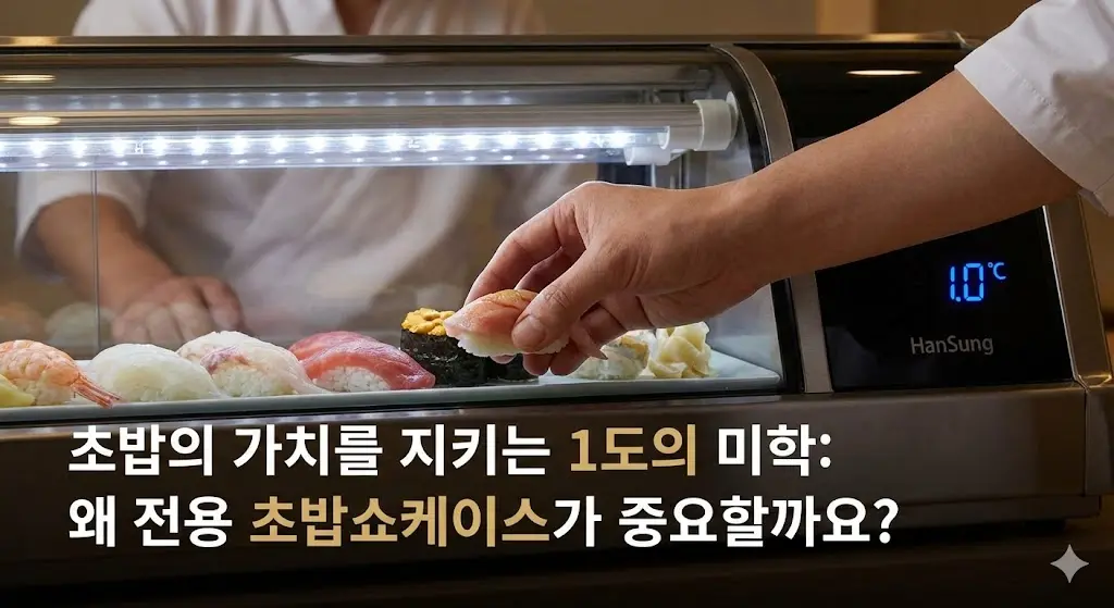 한성 전용 초밥 쇼케이스에 셰프가 초밥을 진열하고 있으며, 온도계가 1.0°C를 가리키고 있는 모습.