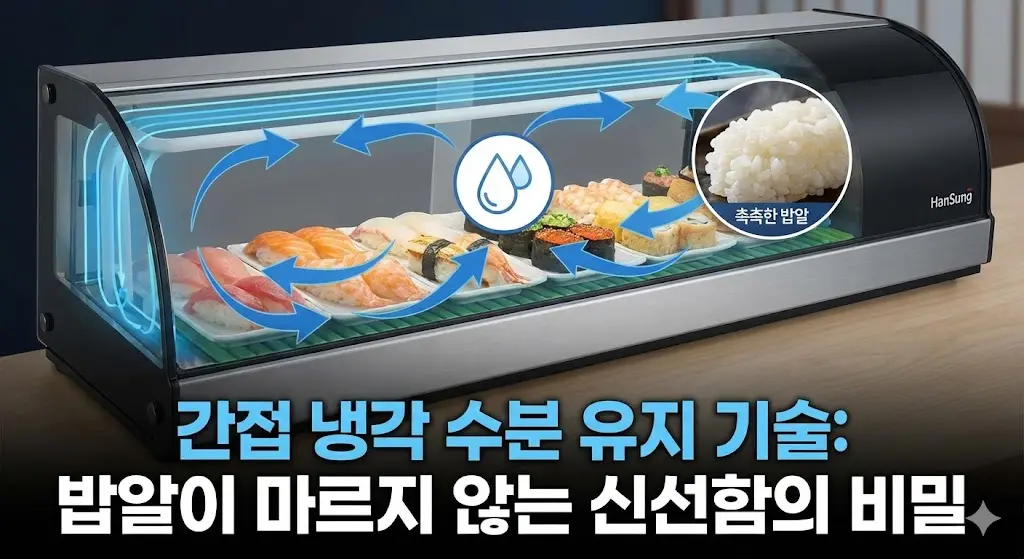 한성 쇼케이스의 간접 냉각 방식과 수분 유지 기술을 보여주는 다이어그램 및 밥알이 촉촉한 초밥의 모습.