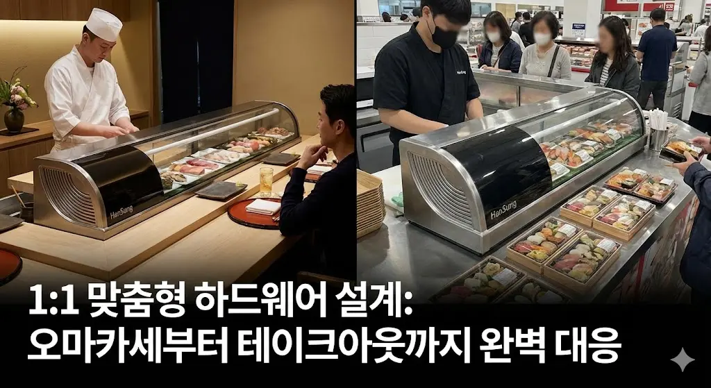 다양한 매장 환경(오마카세, 테이크아웃)에 맞춰 설계된 한성 맞춤형 초밥 쇼케이스의 다양한 디자인.