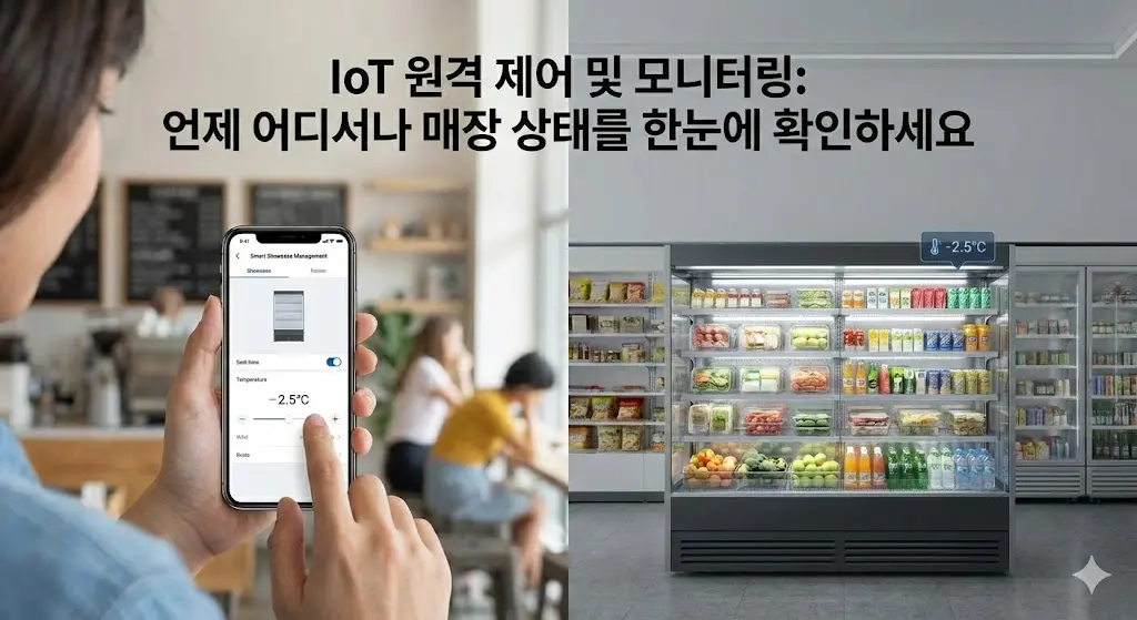스마트폰 앱으로 쇼케이스 온도를 원격 제어하는 모습과 매장 내 쇼케이스가 이에 반응하는 분할 화면 이미지.