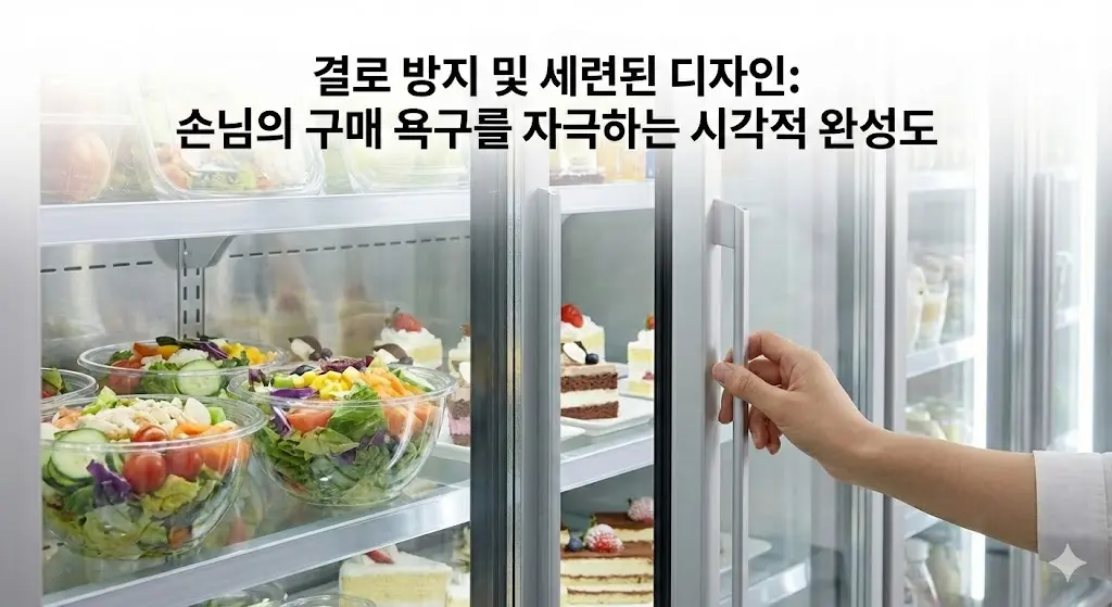 결로 없이 투명한 유리문 너머로 신선한 샐러드와 디저트가 선명하게 보이는 세련된 디자인의 스마트쇼케이스.
