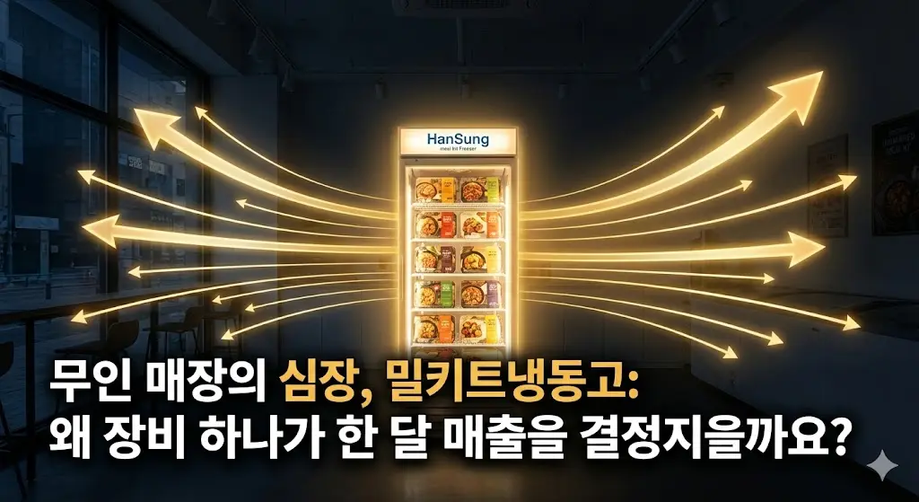 무인 매장 중앙에서 빛나는 밀키트냉동고와 그로부터 뻗어나가는 매출 상승을 상징하는 빛의 화살표 이미지