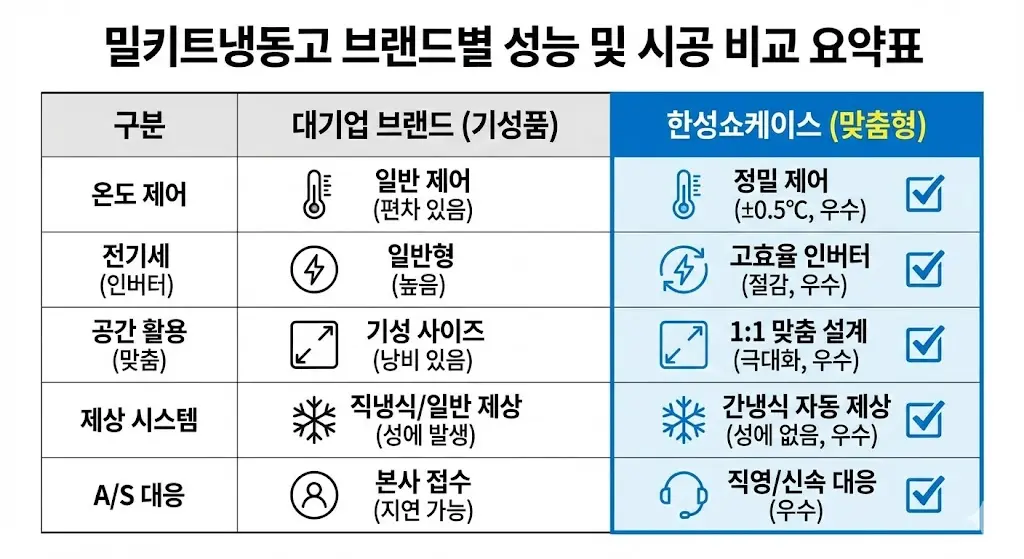 대기업 기성품과 한성 맞춤형 밀키트냉동고의 성능 및 시공 차이를 비교하는 요약표 이미지