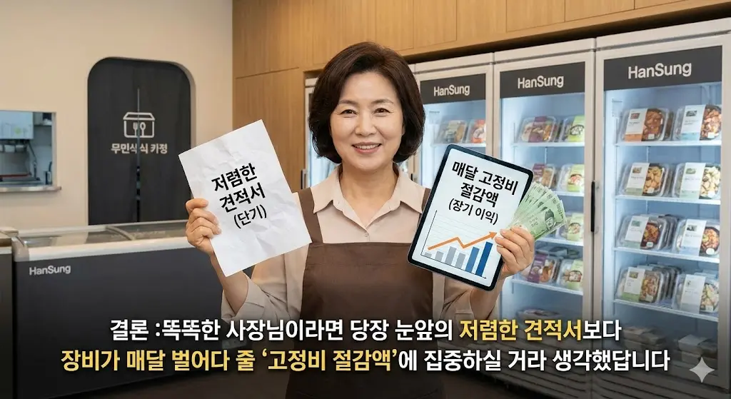 무인 매장 사장님이 저렴한 견적서 대신 고정비 절감액을 선택하는 현명한 모습을 담은 결론 이미지