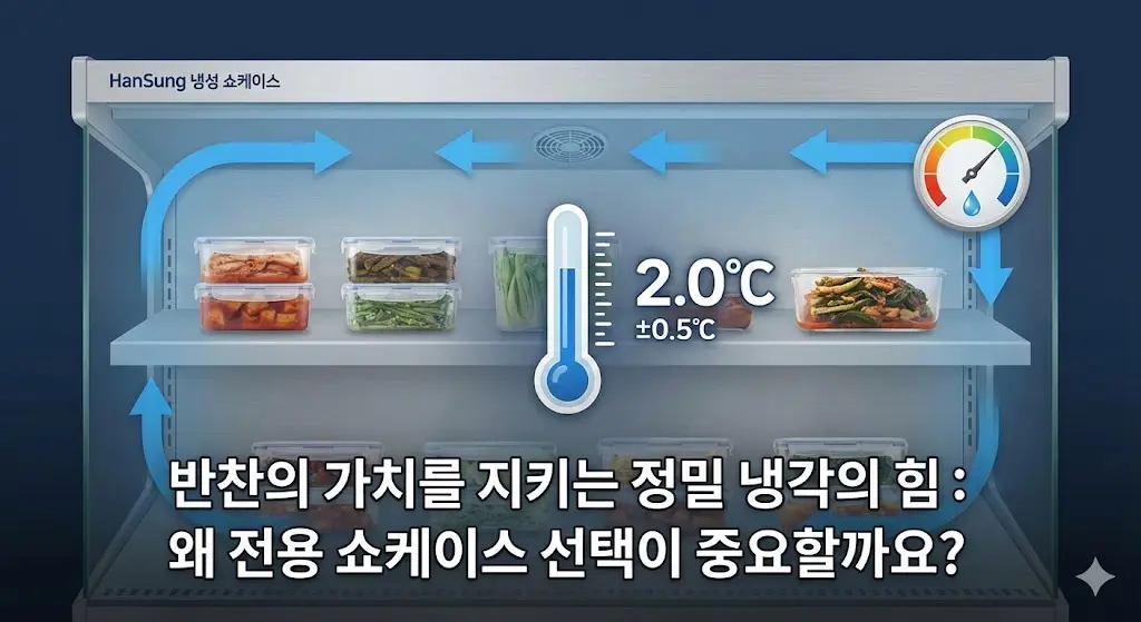2.0도의 정밀 냉각 온도를 유지하여 반찬의 가치를 지키는 전용 쇼케이스 내부 기술 일러스