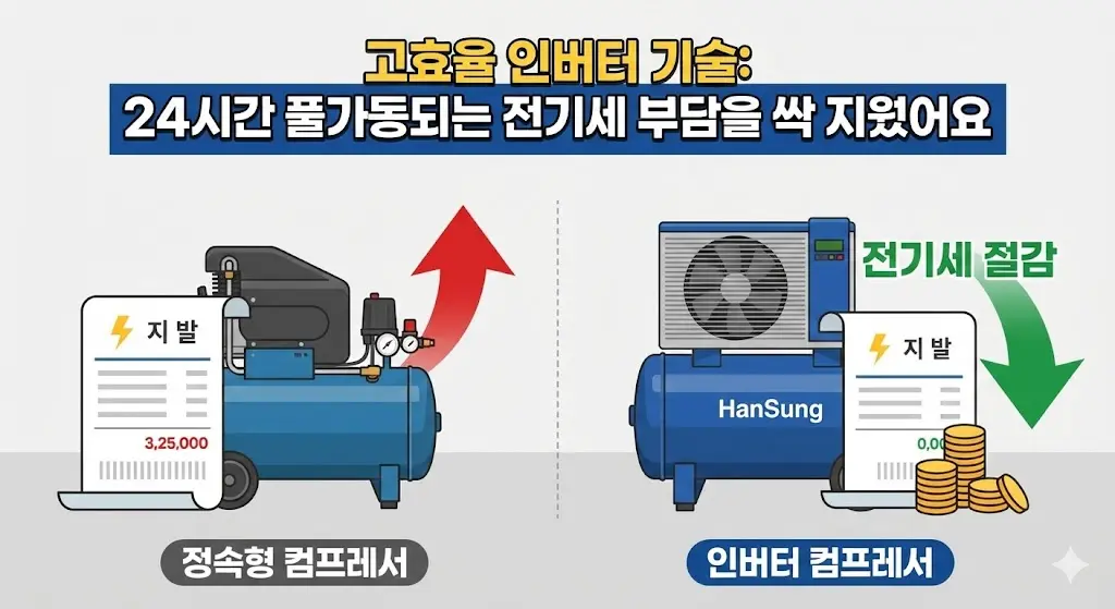정속형 컴프레서 대비 전기세를 절감하는 한성 고효율 인버터 컴프레서 기술 비교