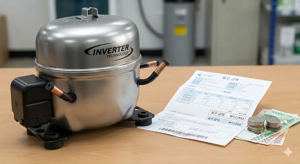 인버터 컴프레서와 낮은 금액의 전기 요금 고지서 및 동전