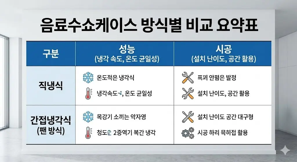 음료수 쇼케이스 방식별 성능 및 시공 비교 요약표