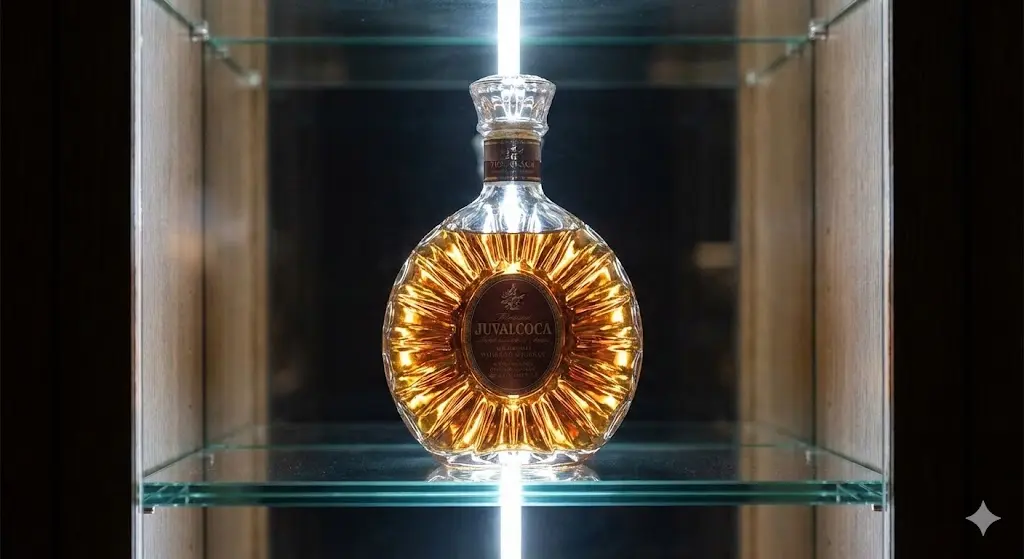 진열장 내부 조명으로 보석처럼 빛나는 고급 위스키 병