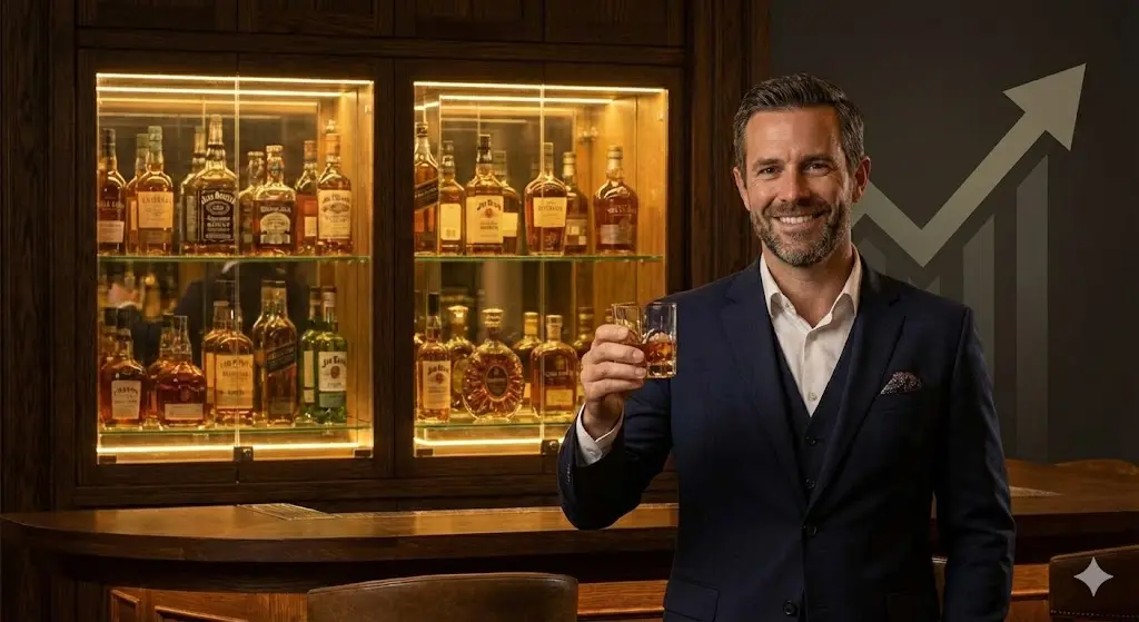 성공적인 바 운영을 상징하는 사장님과 주류 진열장, 매출 상승 그래프