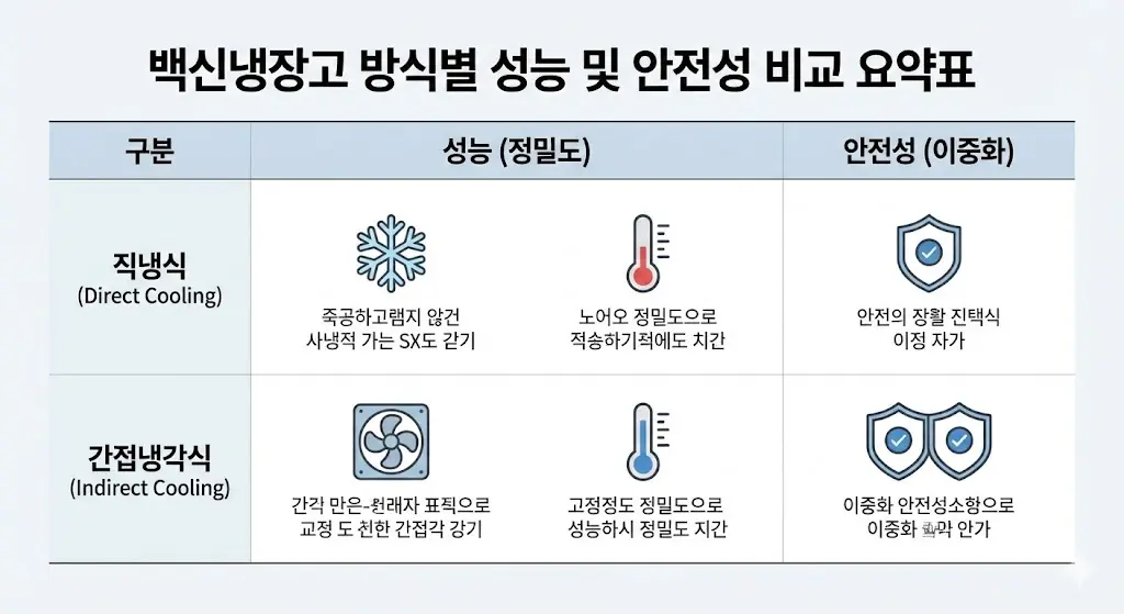 백신냉장고 방식별 성능 및 안전성 비교 인포그래픽