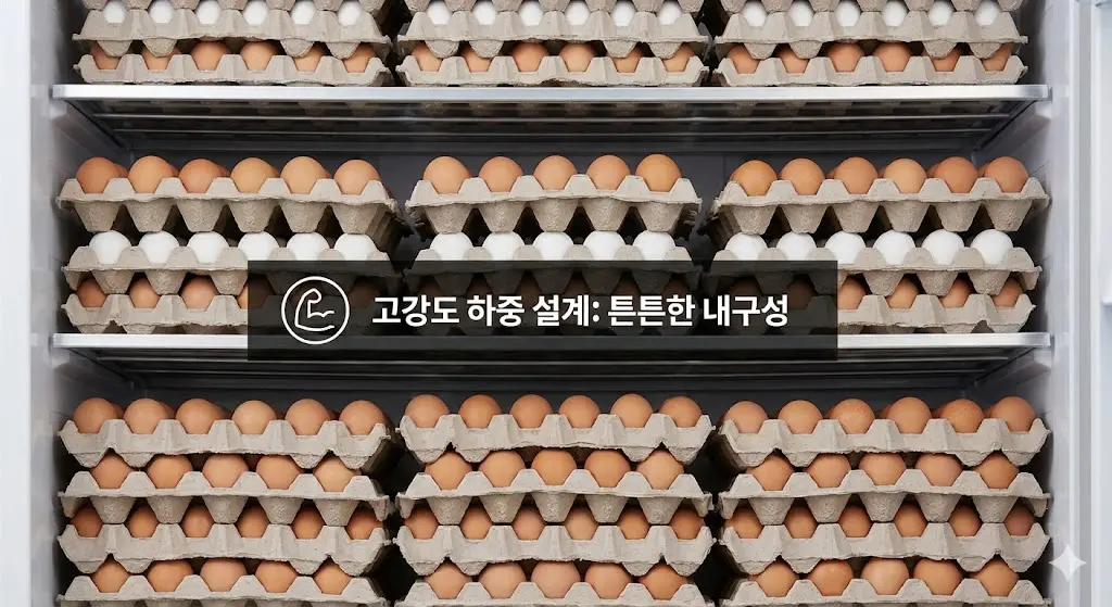 무거운 계란 판들을 튼튼하게 지탱하는 고강도 선반과 내구성 강조 텍스트