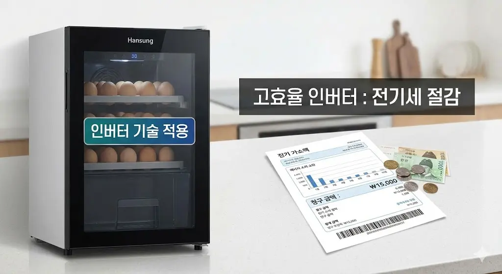 고효율 인버터 기술을 적용하여 전기세를 절감하는 계란냉장고와 전기 요금 고지서