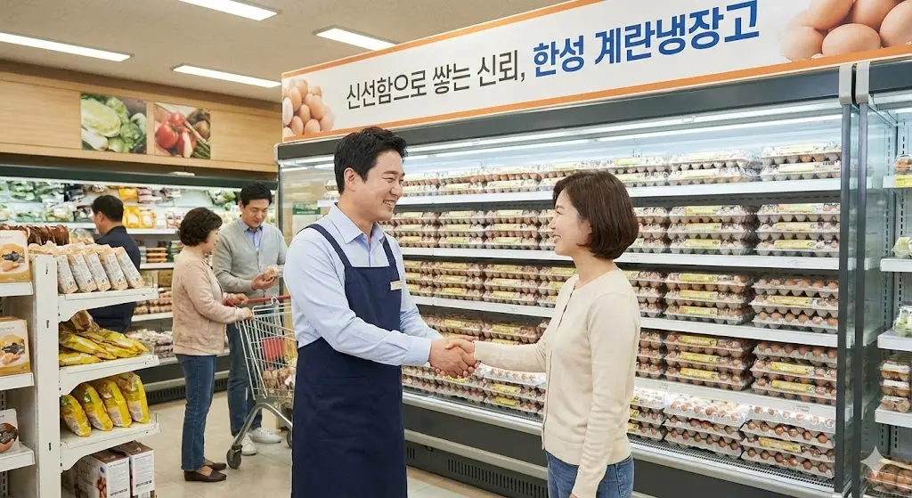 한성 계란냉장고 앞에서 신뢰를 바탕으로 악수하는 매장 사장님과 고객