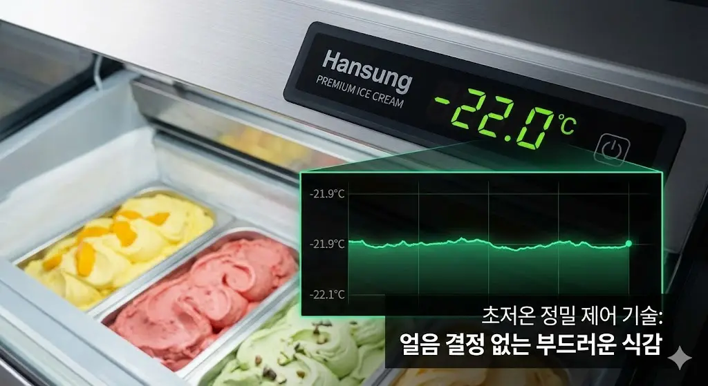 한성 프리미엄 냉동고의 초저온 정밀 제어 기술을 보여주는 디스플레이와 그래프