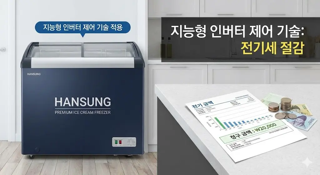 지능형 인버터 제어 기술이 적용된 아이스크림 냉동고와 전기세 절감 효과를 보여주는 고지서